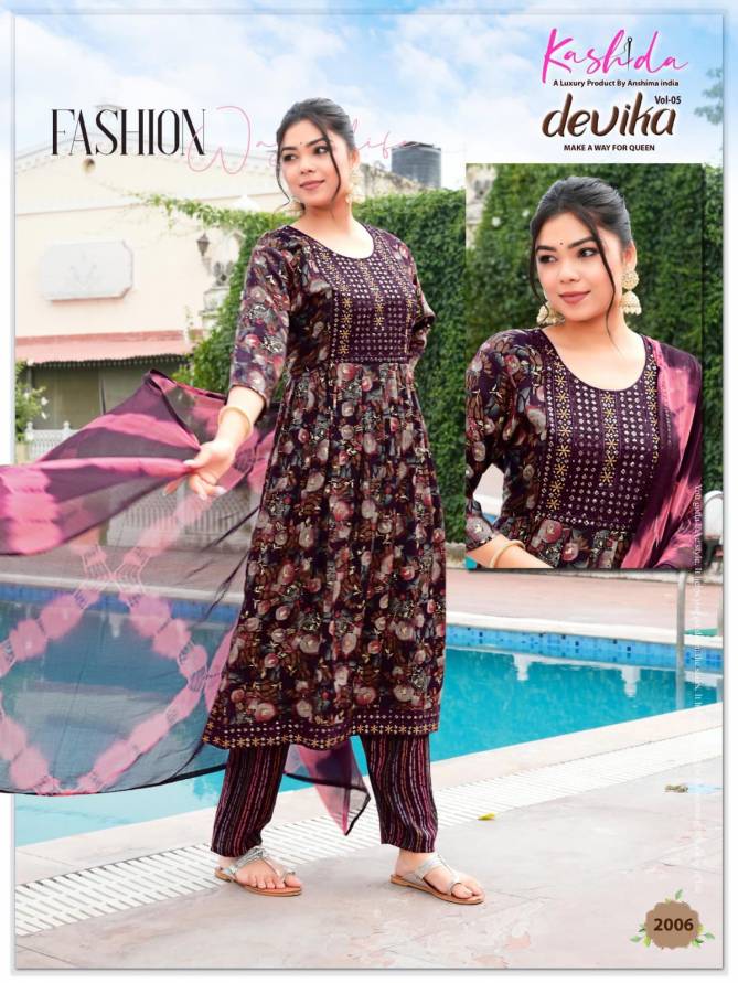 Devika Vol 5 By Kashida Capsule Foil Printed Naira Cut Kurti With Bottom Dupatta Wholesale Online